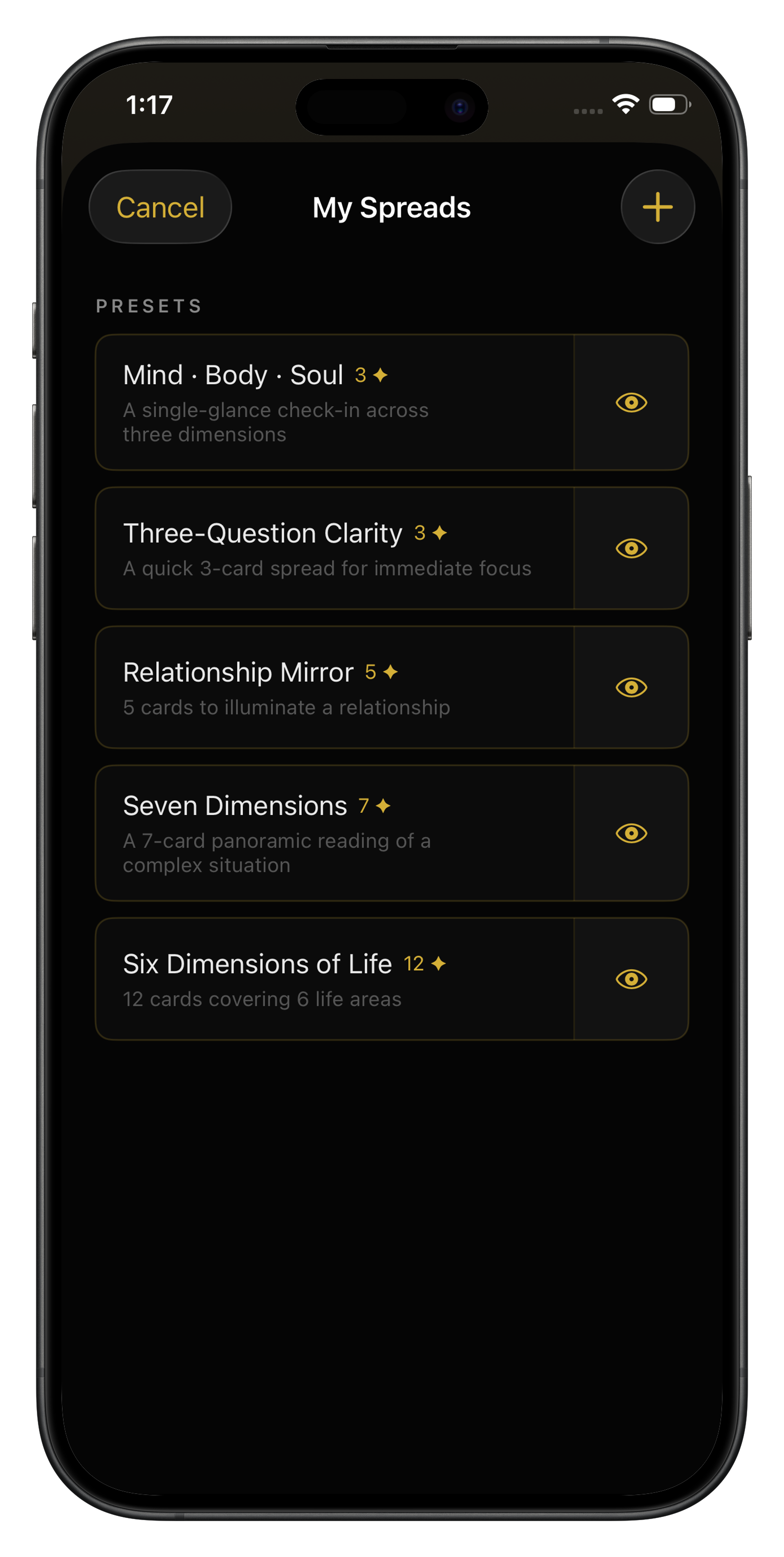 Screenshot: My Spreads custom tarot templates
